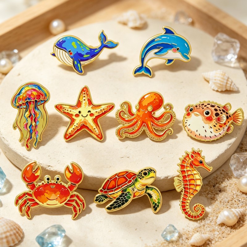 Enamel Pin Set - Яркий эмалевый значок с морскими животными,